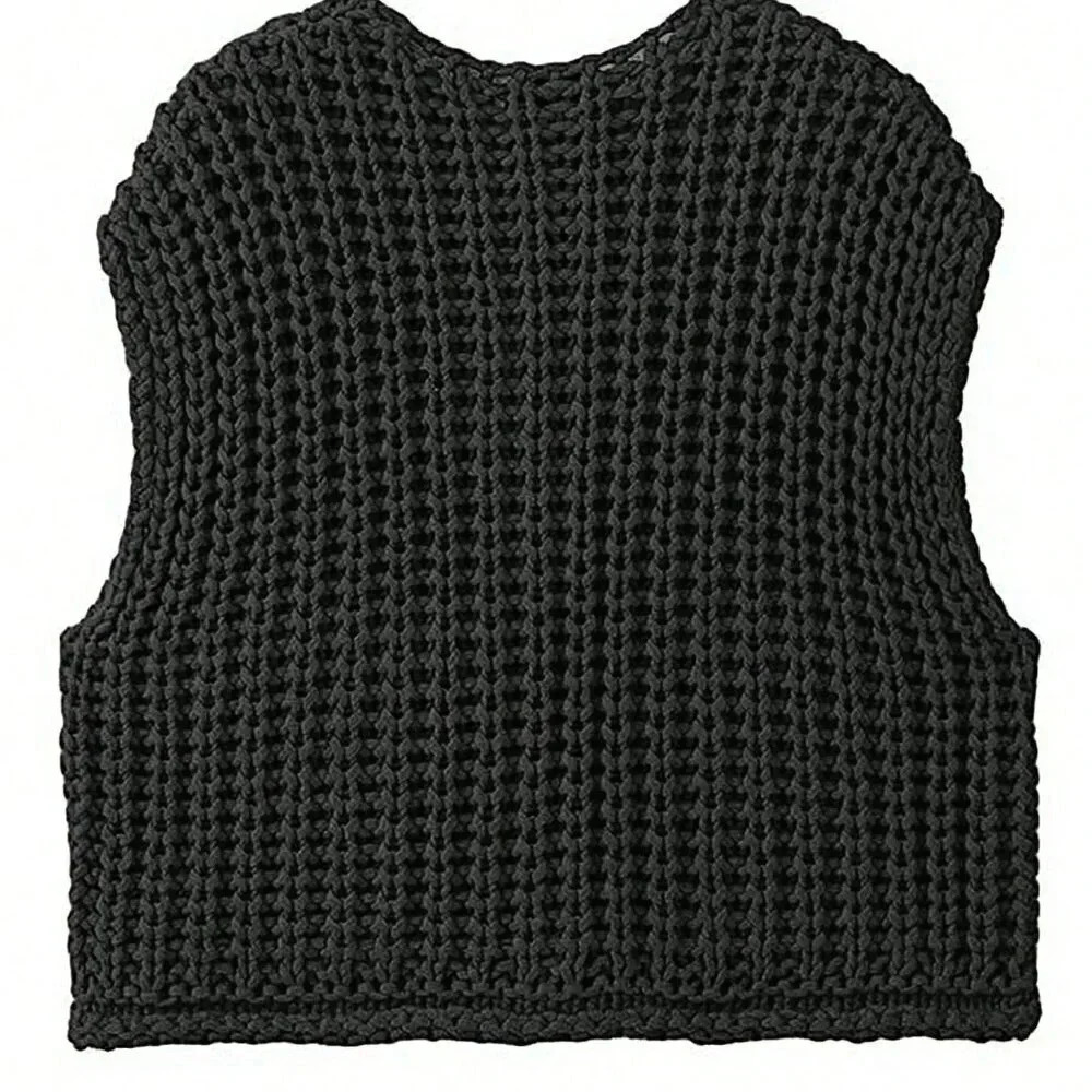 Black Casual Women's Loose Knit Vest With Double Pockets - Picture 2 of 5